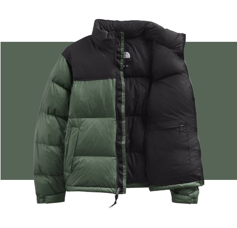 A black and green Nuptse Jacket on a green background.