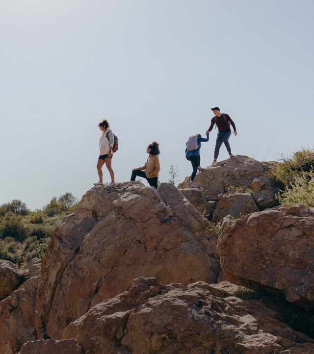 Four hikers, standing on a rock outcrop.