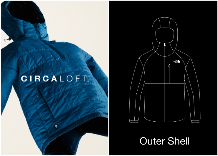 A split image showing a blue, hooded Circaloft jacket and a black-and-white mid layer graphic. 