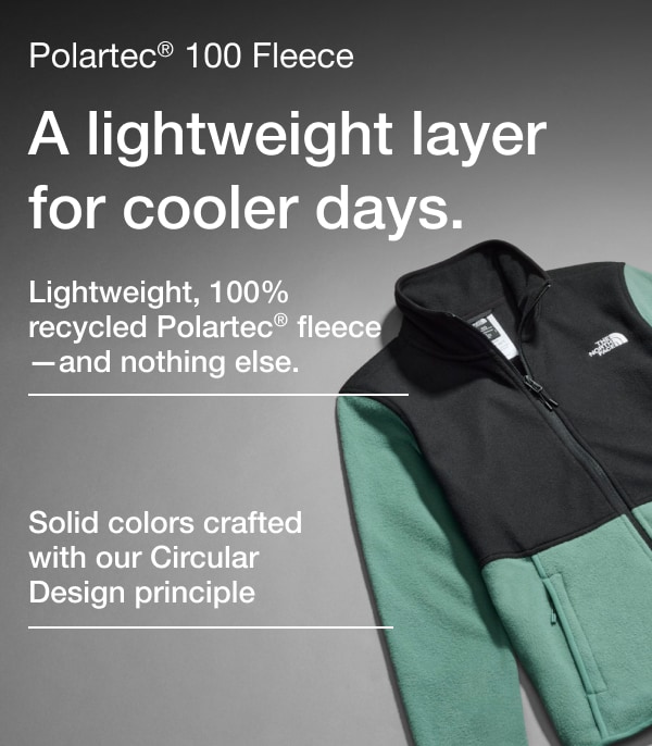 The North Face Polartec 100 Fleece on a tonal background with bullet points calling out features