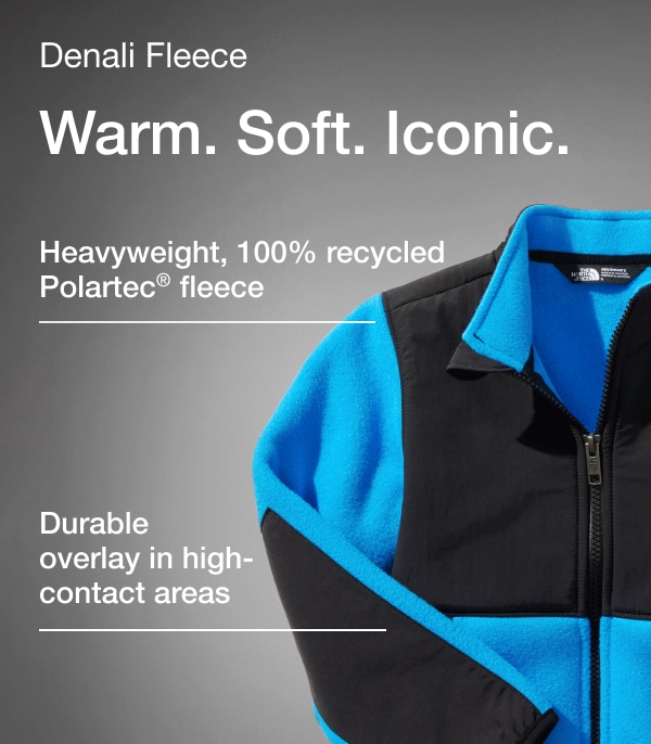 The North Face Denali Jacket on a tonal background with bullet points calling out features.