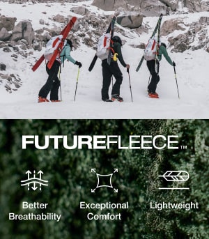 Ski tourers wearing FUTUREFLEECE™ from The North Face. Close up image of FUTUREFLEECE™ fabric and text reading: Better Breathability. Exceptional Comfort. Lightweight.