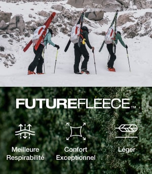 Randonneurs à ski portant l’équipement FUTUREFLEECEMC de The North Face. Gros plan du   tissu FUTUREFLEECEMC et du texte : Respirabilité améliorée. Confort exceptionnel Léger 