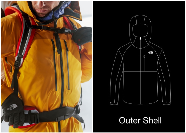 A split image of a mountaineer wearing a yellow GORE-TEX jacket, and a black-and-white outer shell graphic. 