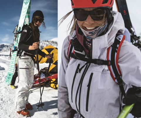 Split view photo of Christina Lusti kitted up with ski gear and a close-up shot of Hilaree Nelson in Baffin Island.
