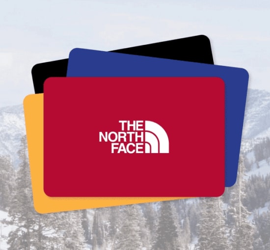 A fan of yellow, blue and red gift cards from The North Face.
