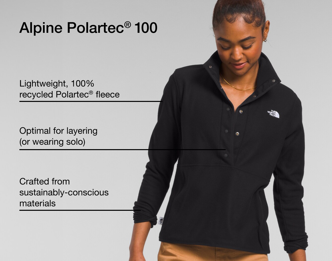 Studio shot of a woman in a black fleece from The North Face with overlaid text of product features. 
