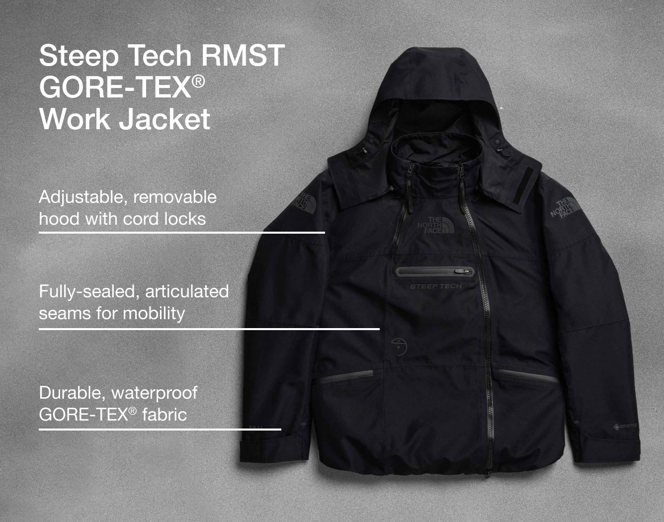 Studio shot of the Steep Tech RMST Work Jacket with text overlay pointing out fabrication and seams.