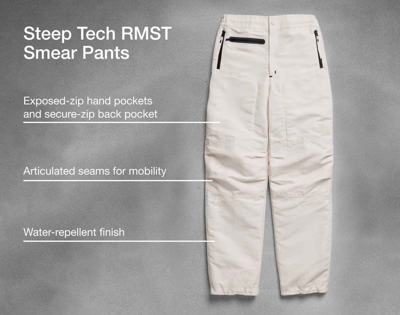 Studio shot of the Steep Tech RMST Smear Pants with text overlay pointing out fabrication and seams.