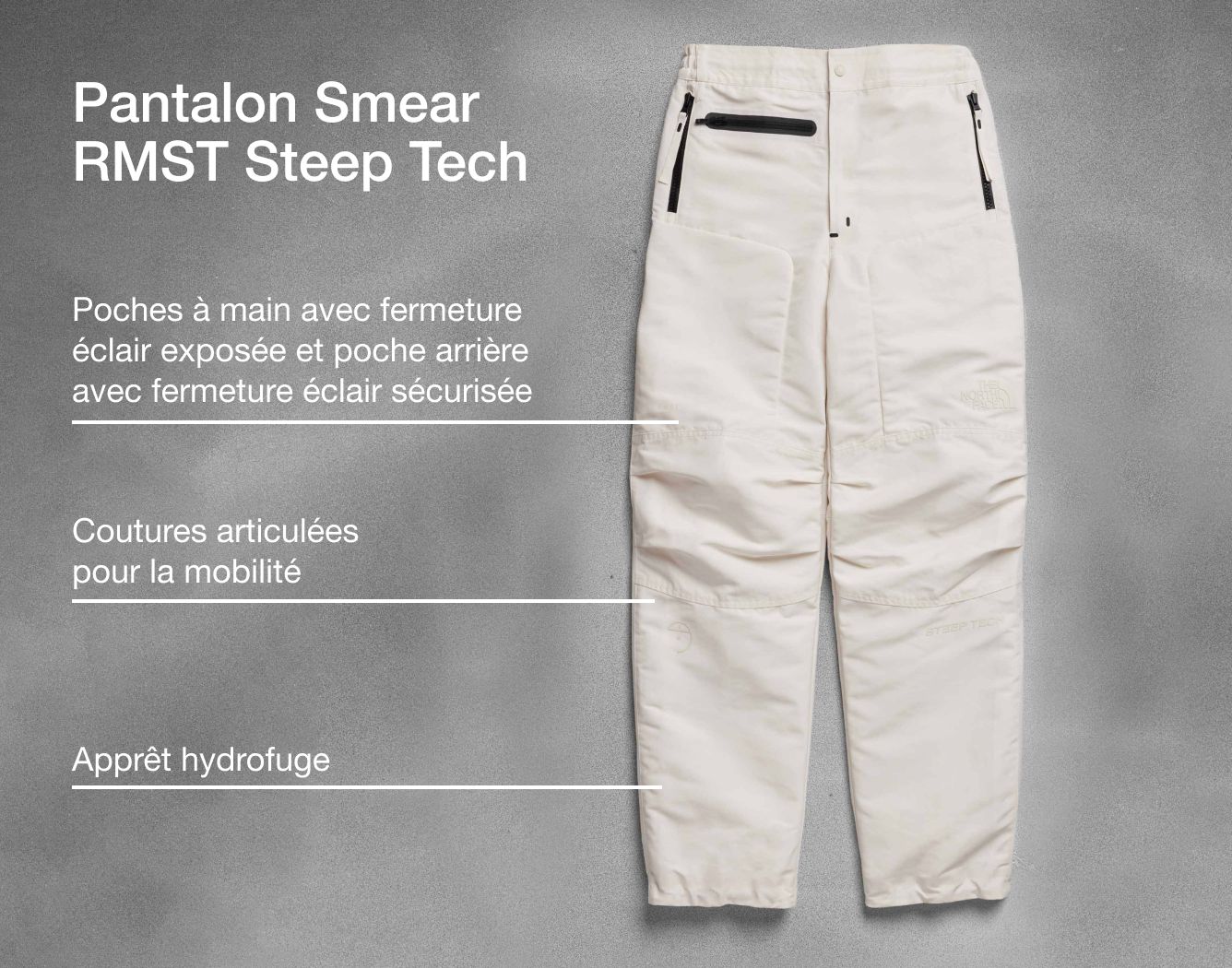 Photo studio du pantalon Smear RMST Steep Tech avec superposition de texte indiquant la fabrication et les coutures.