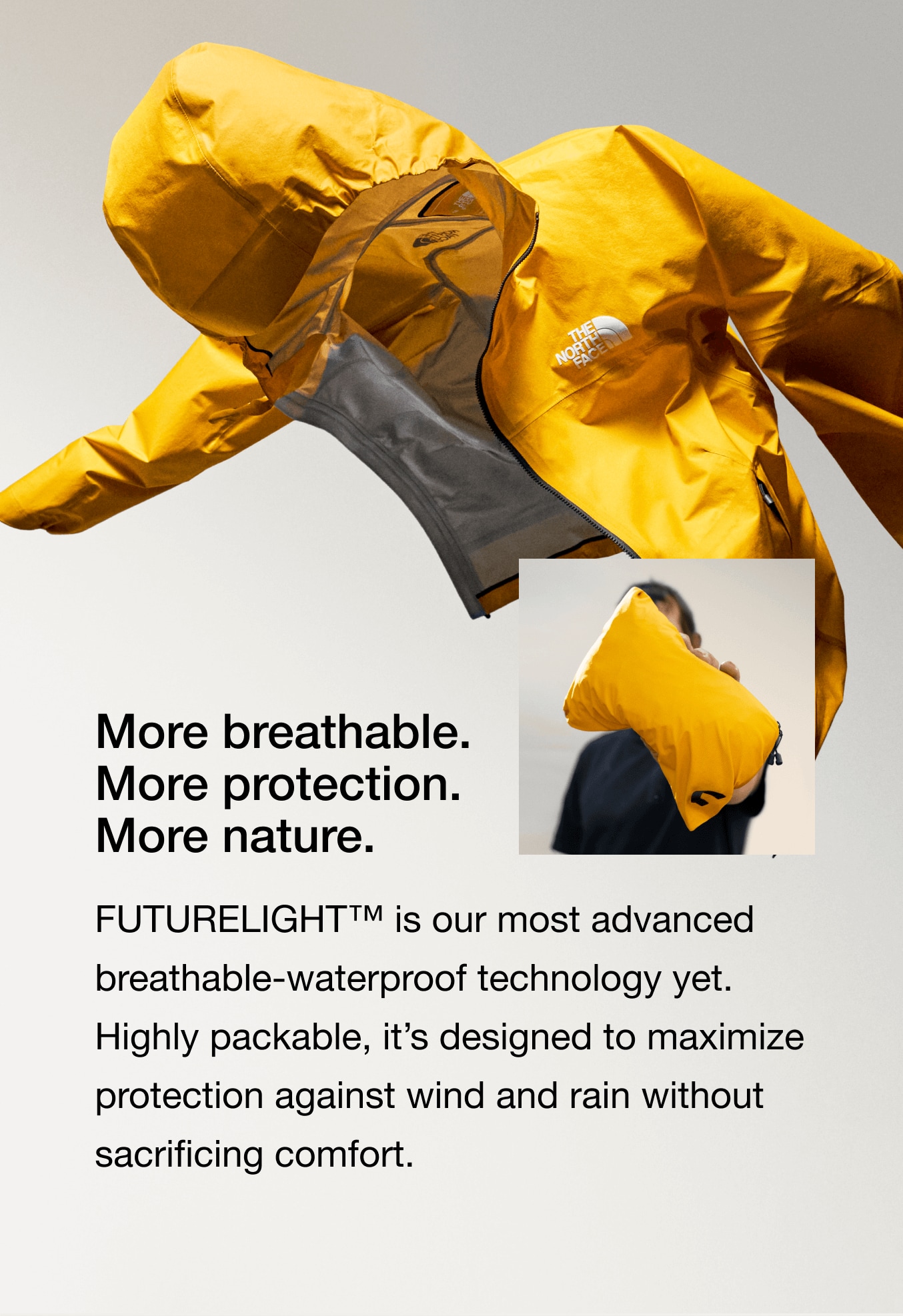 The FUTURELIGHT™ Papsura Jacket floats in front of a white background with an overlayed image showcasing its packability.