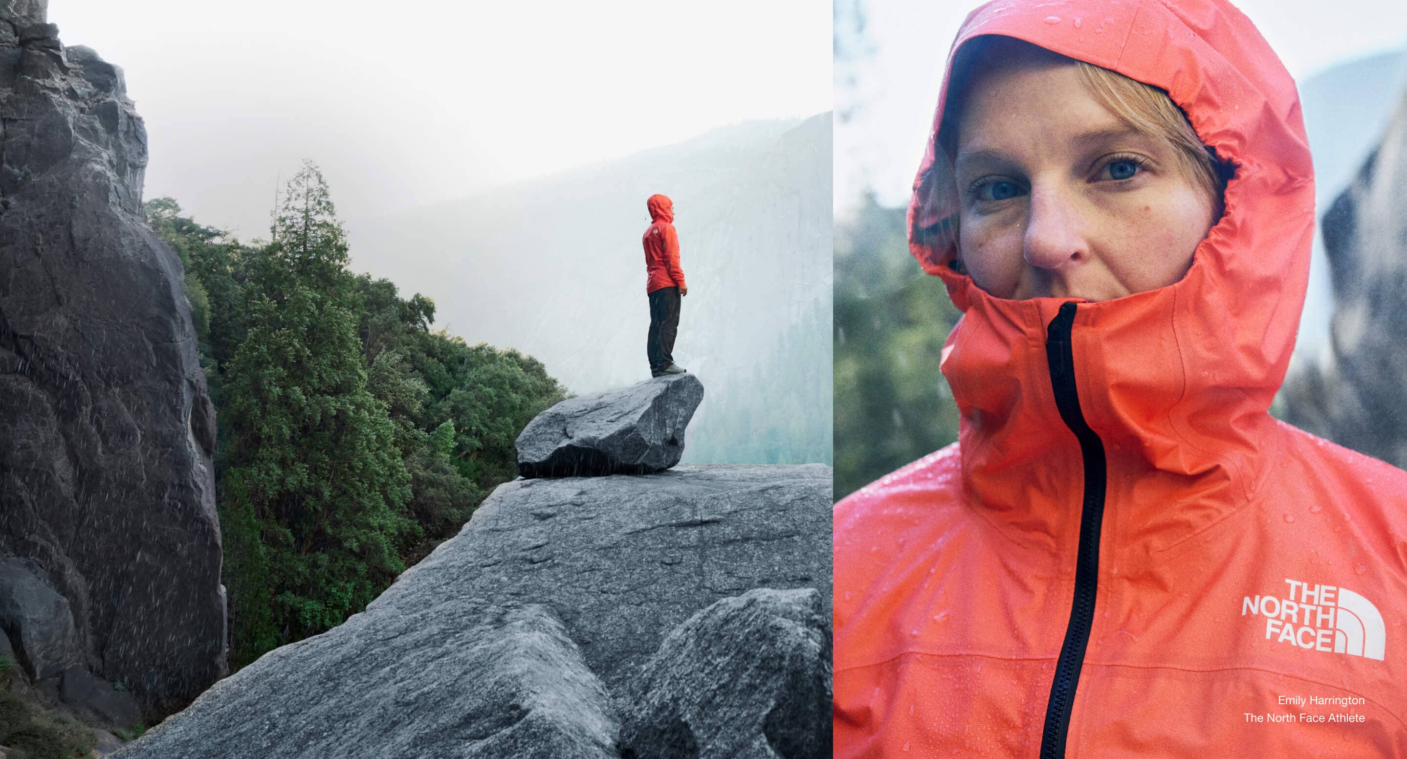 A split image of The North Face Athlete Emily Harrington wearing the FUTURELIGHT™ Papsura Jacket in the Yosemite Valley.  