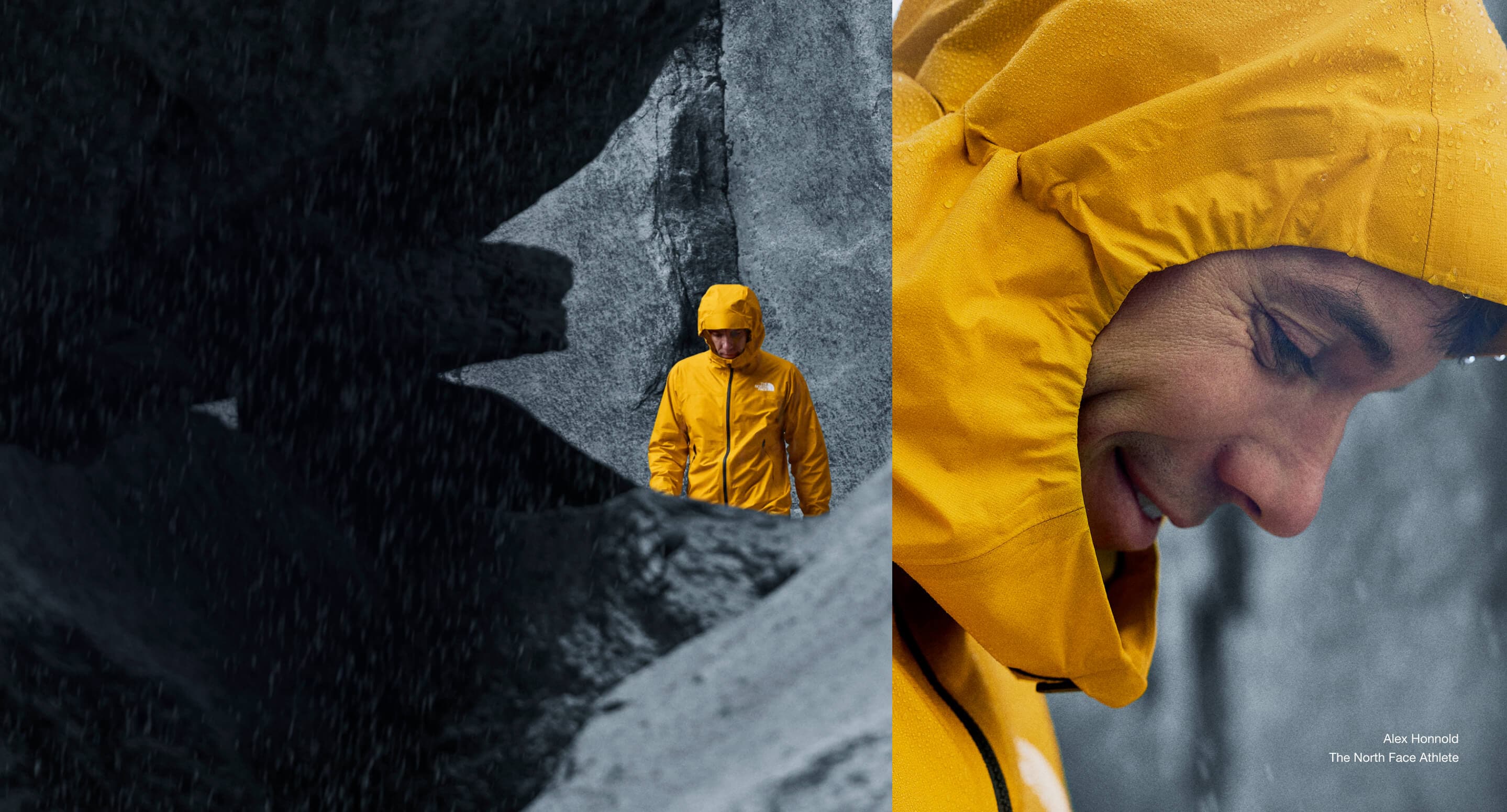 A split image of The North Face Athlete Alex Honnold wearing the FUTURELIGHT™ Papsura Jacket near several large boulders.