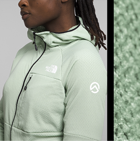 A split image showing a studio shot of a light green FUTUREFLEECE™ layer, and a close- up of the fabric texture.