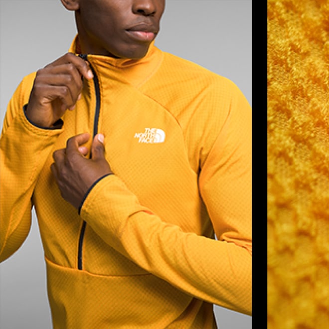A split image showing a studio shot of a yellow FUTUREFLEECE™ layer, and a close-up of the fabric texture.