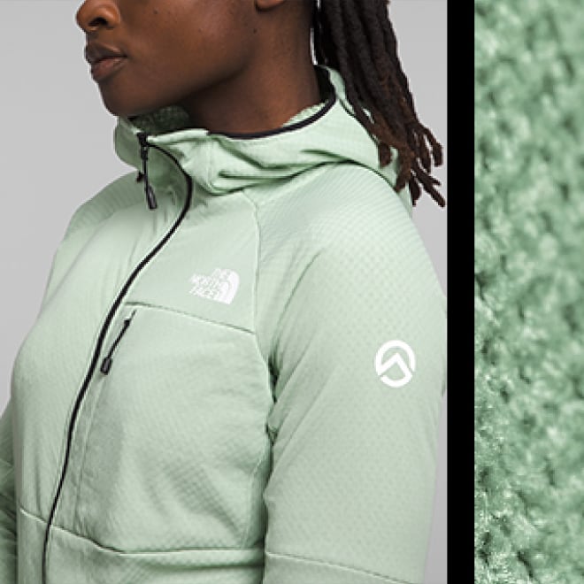 A split image showing a studio shot of a light green FUTUREFLEECE™ jacket, and a close- up of the fabric texture.