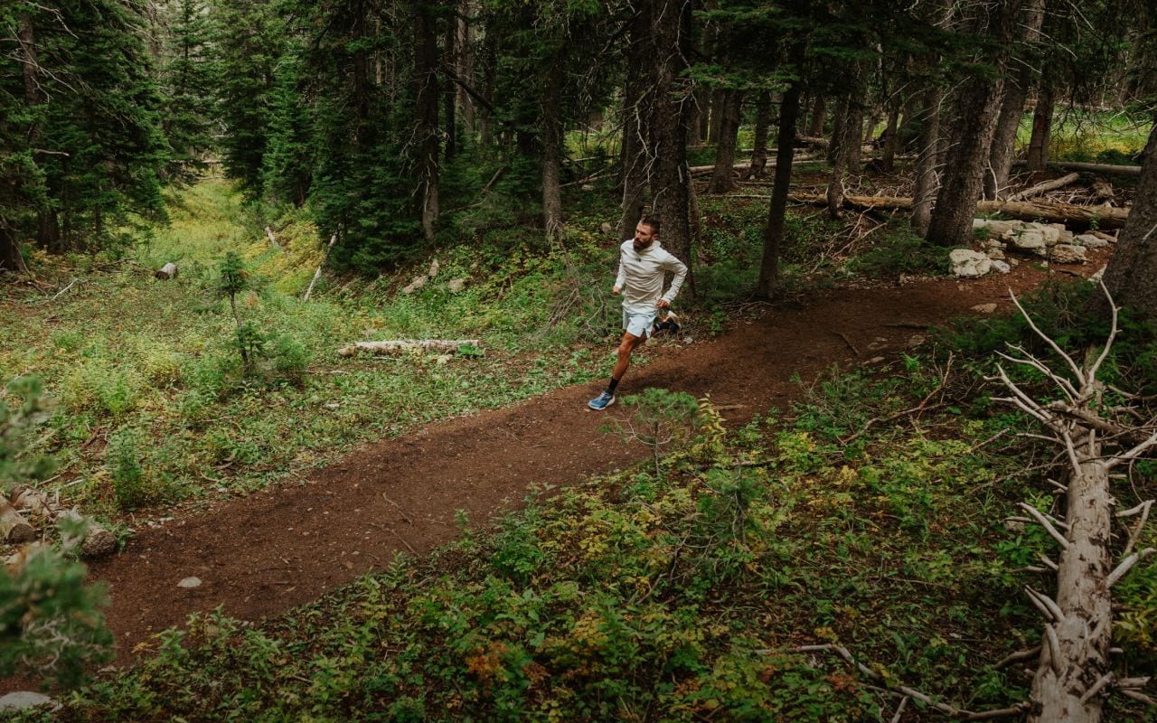 Une femme fait de la course sur sentier dans les bois vêtue d’une tenue de la marque The North Face. La mention suivante y est inscrite : « Cutting-edge comfort, from road to ridge ». 