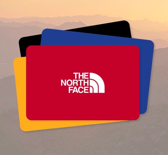 Une photo de quatre cartes-cadeaux de The North Face. 