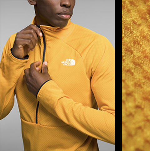 A split image showing a studio shot of a yellow FUTUREFLEECE™ layer, and a close-up of the fabric texture.  