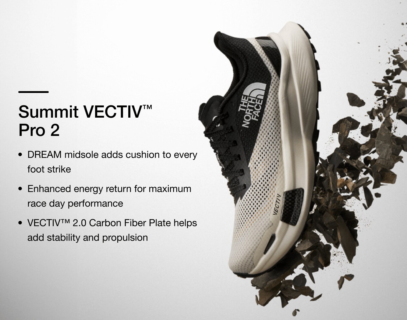 Studio shot of a Summit Series VECTIV Pro shoe with features illustrated via text overlay.