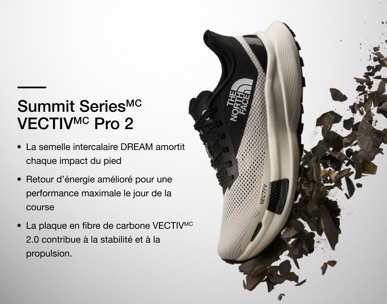 Photo studio d’une chaussure VECTIV Pro de la série Summit, dont les caractéristiques sont illustrées par un texte superposé.
