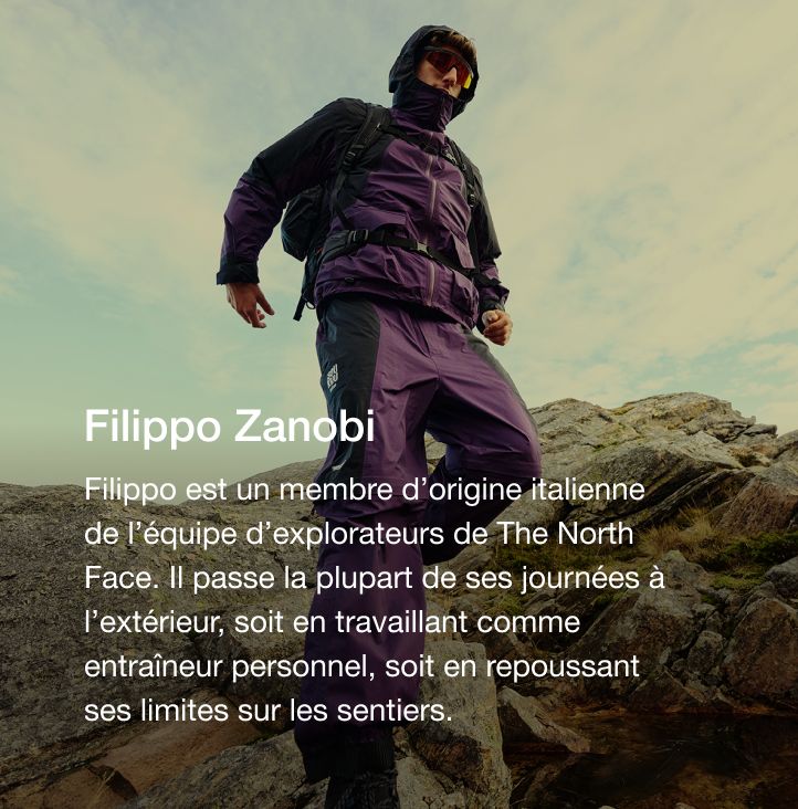 Filippo Zanobi, explorateur de The North Face, portant des pièces de la collection SOUKUU.