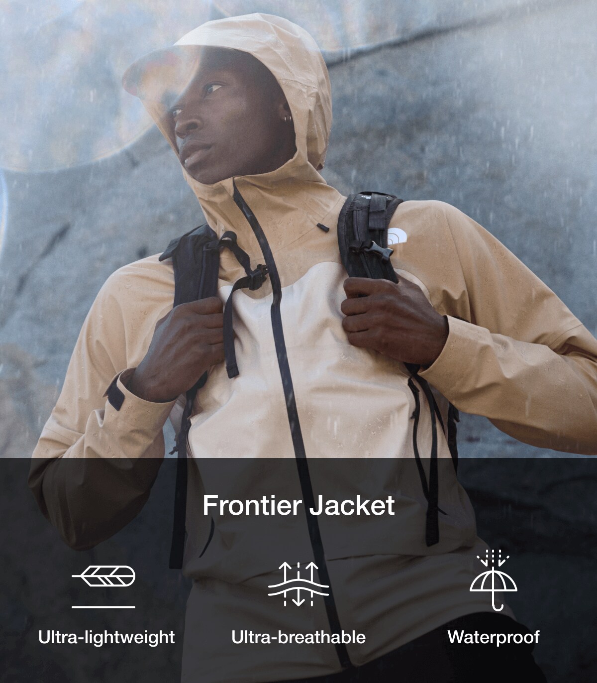 In-situ shot of a man wearing the Frontier FUTURELIGHT™ Jacket. 