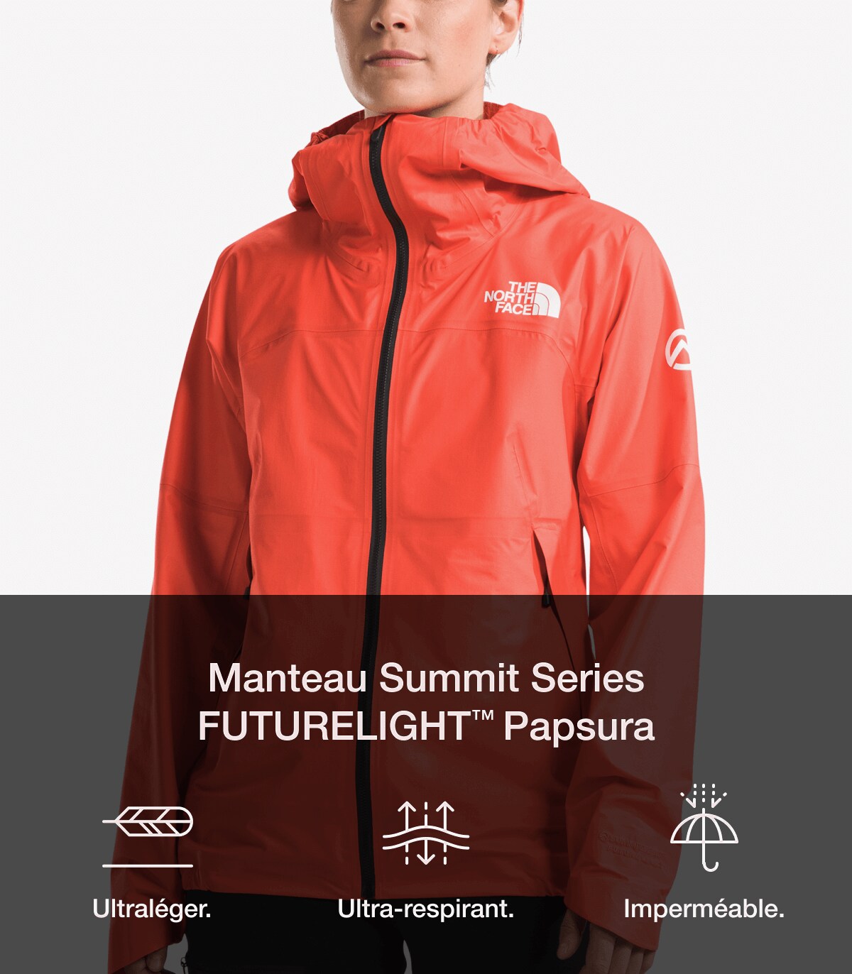 A. in-situ shot of a woman wearing the FUTURELIGHT™ Papsura Jacket.   Icons:  