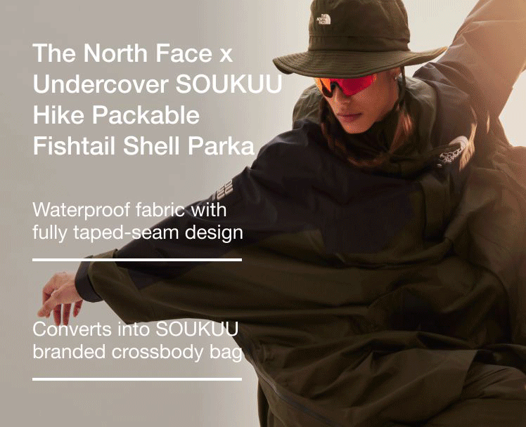 A close-up shot showing the features and packability of the SOUKUU Hike Packable Fishtail Shell Parka.