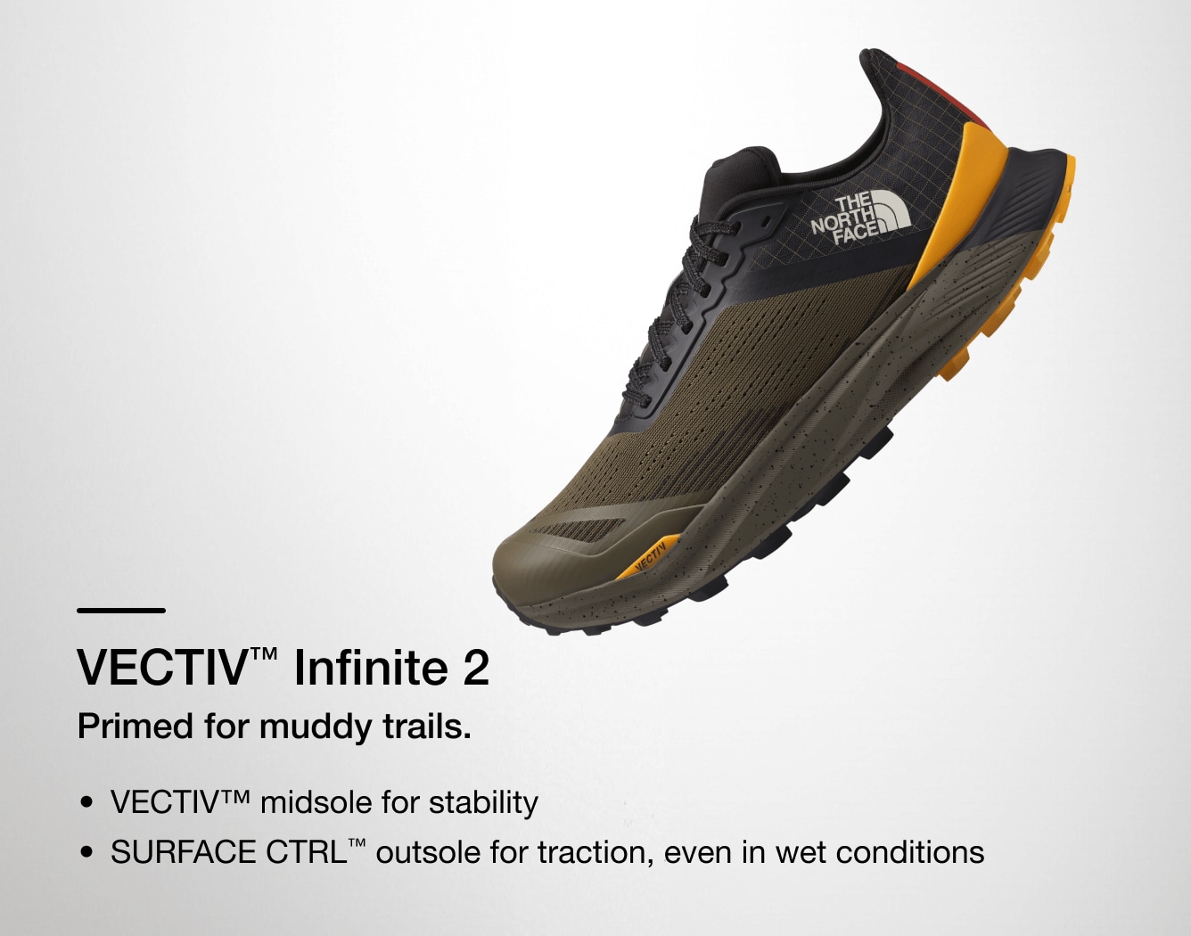 Studio shot of the VECTIV Infinite trail running shoe from The North Face with text overlay detailing features.