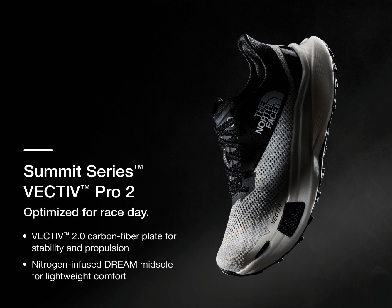 Studio shot of the VECTIV Pro trail running shoe from The North Face with text overlay detailing features.