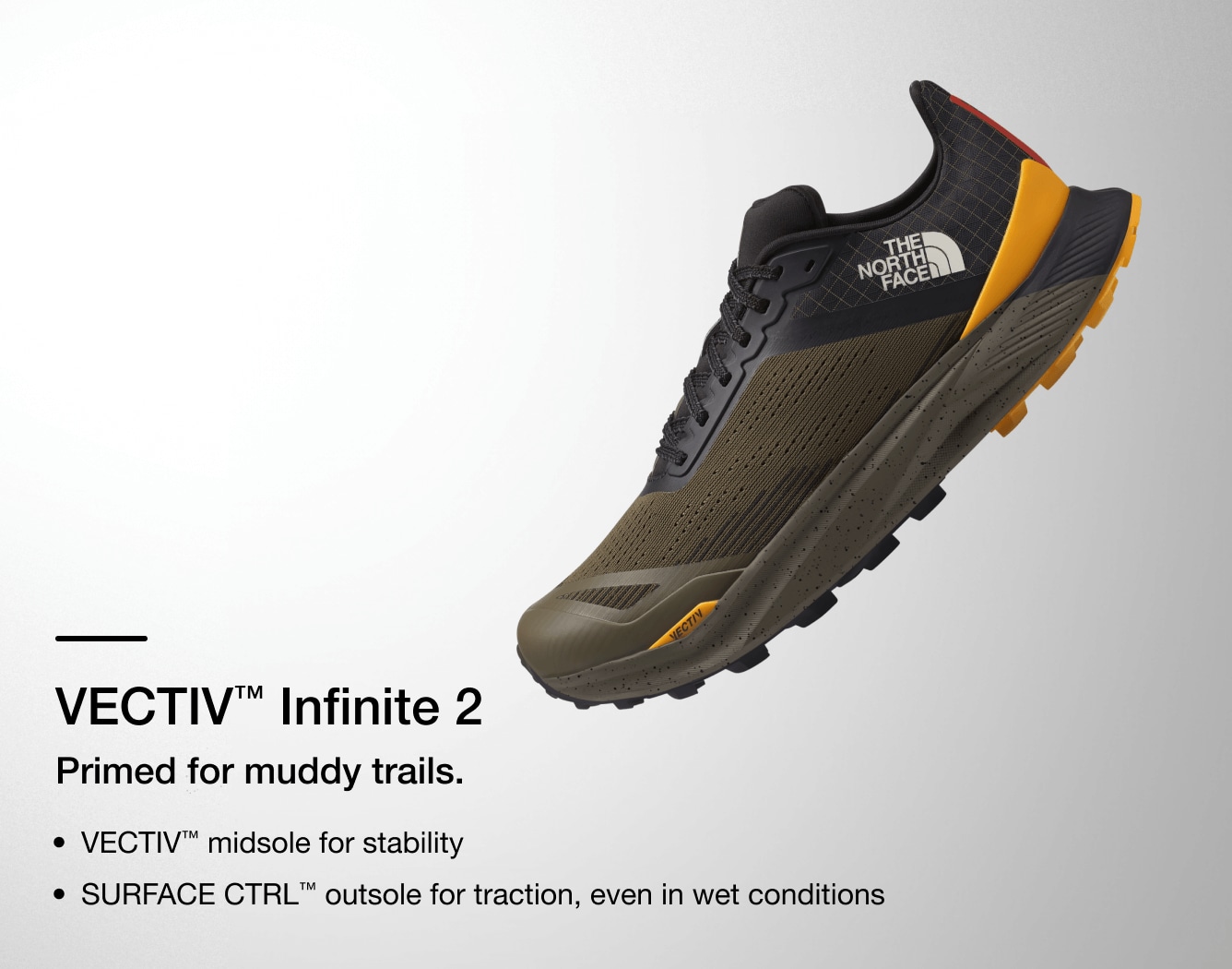 Studio shot of the VECTIV Infinite trail running shoe from The North Face with text overlay detailing features.