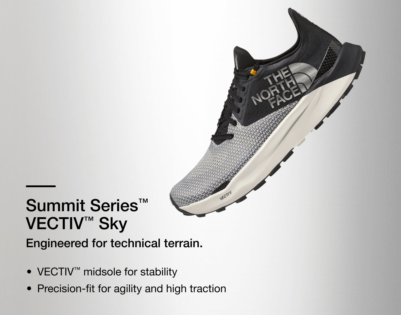 Studio shot of the VECTIV Sky trail running shoe from The North Face with text overlay detailing features.