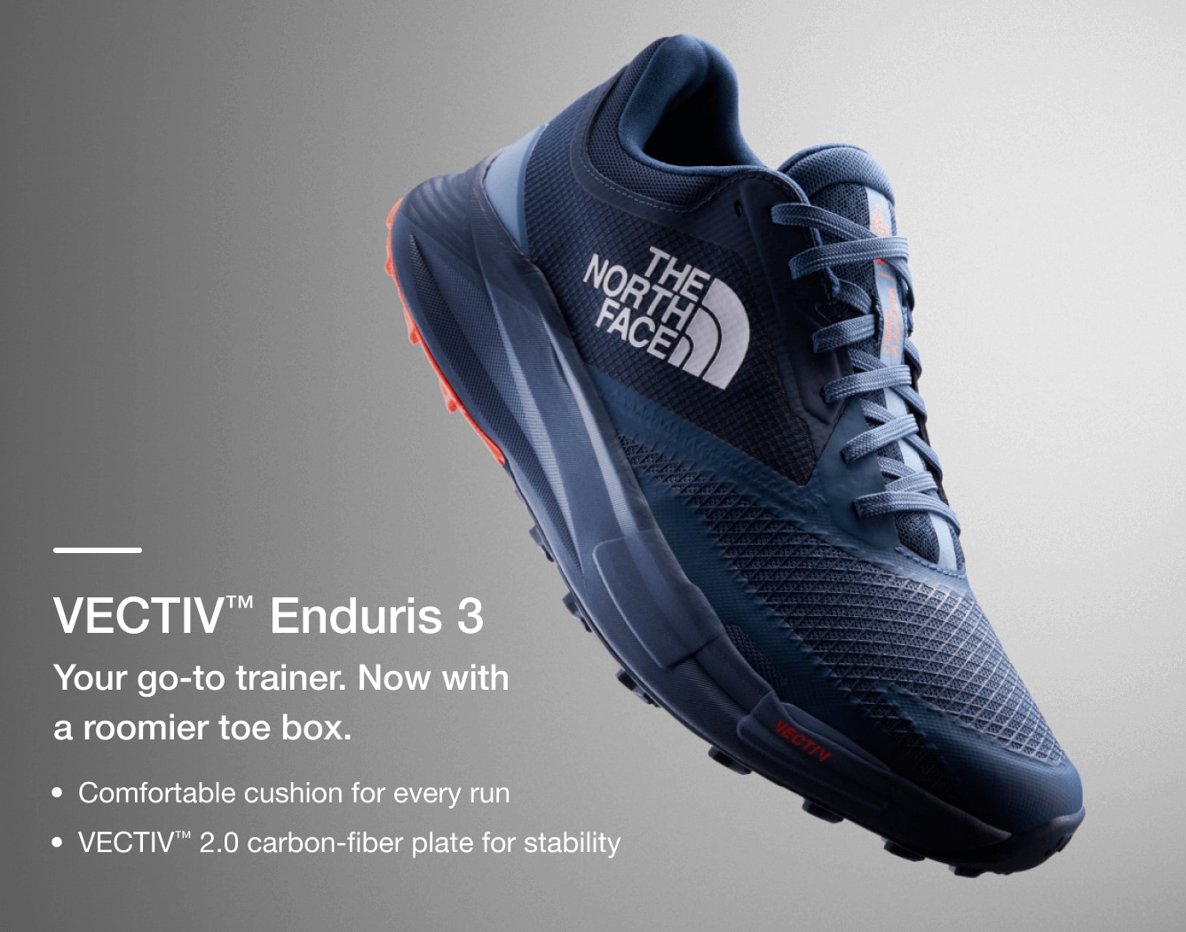 Studio shot of the VECTIV Enduris trail running shoe from The North Face with text overlay detailing features.