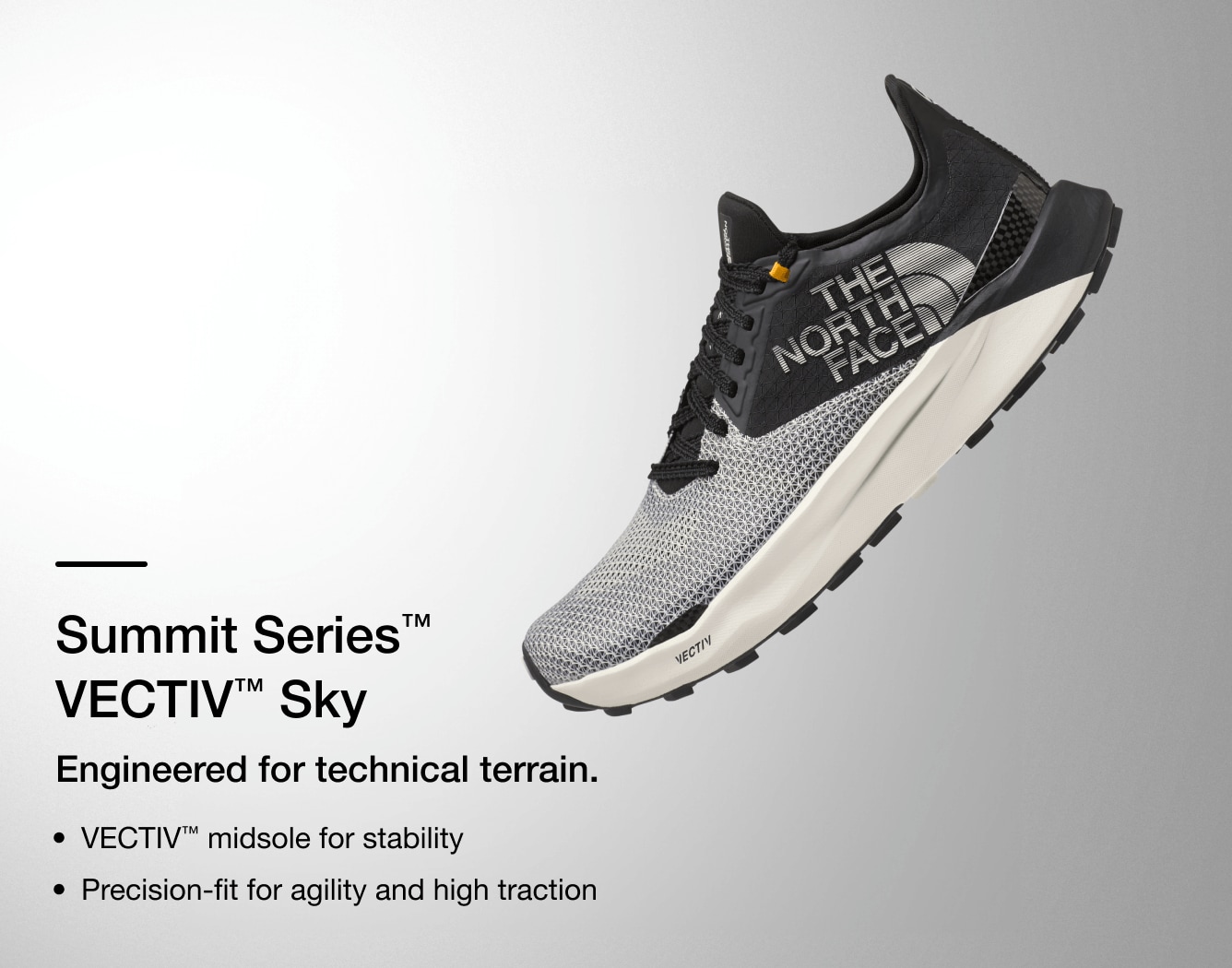 Studio shot of the VECTIV Sky trail running shoe from The North Face with text overlay detailing features.