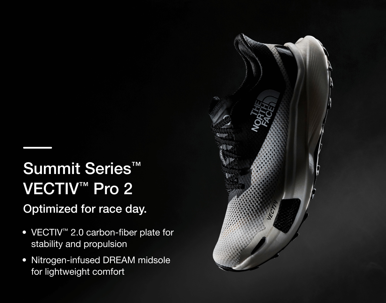 Studio shot of the VECTIV Pro trail running shoe from The North Face with text overlay detailing features.