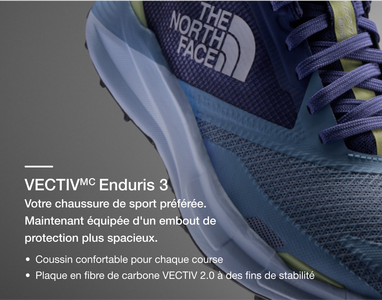 Photo studio de la chaussure de course sur sentier VECTIV Enduris de The North Face avec ses caractéristiques en superposition de texte.
