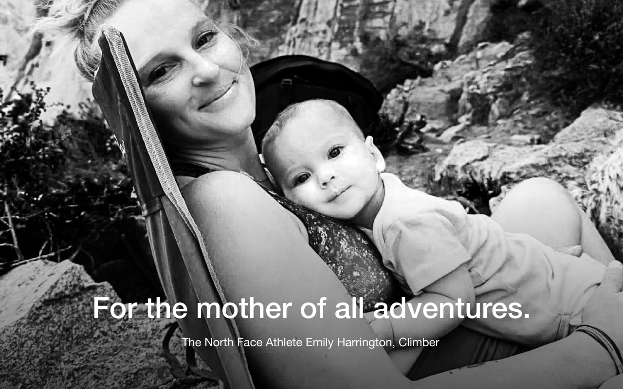 Black and white imagery of The North Face Athletes Leanne Pelosi, Kit DesLauriers and Emily Harrington with their children.