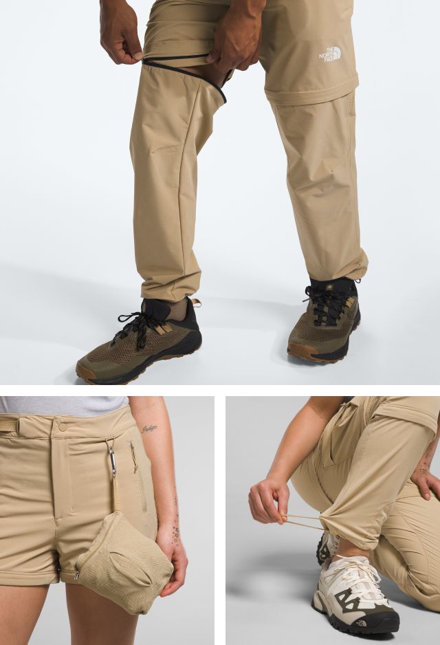 Une image divisée montrant l'adjustabilité et la fonctionnalité détachable du pantalons Bridgeway et Paramount Pro.