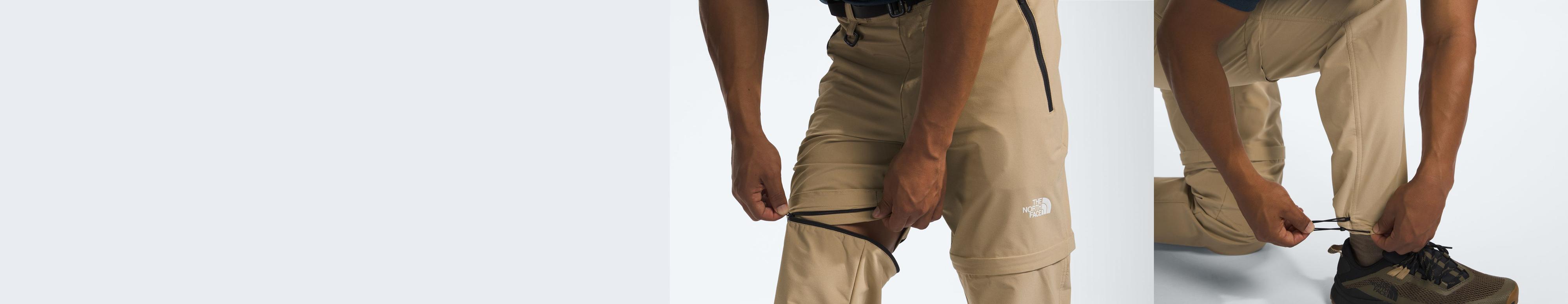 Une image divisée montrant l'adjustabilité et la fonctionnalité détachable du pantalon Paramount Pro.