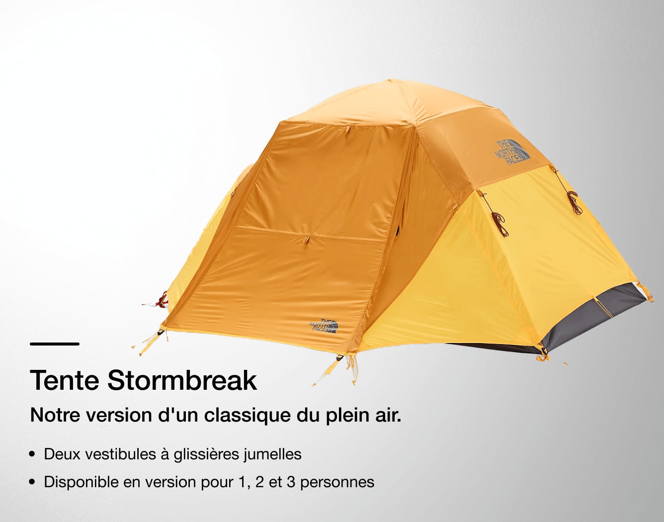 Image de la tente Stormbreak de The North Face avec les caractéristiques indiquées en surimpression. 
