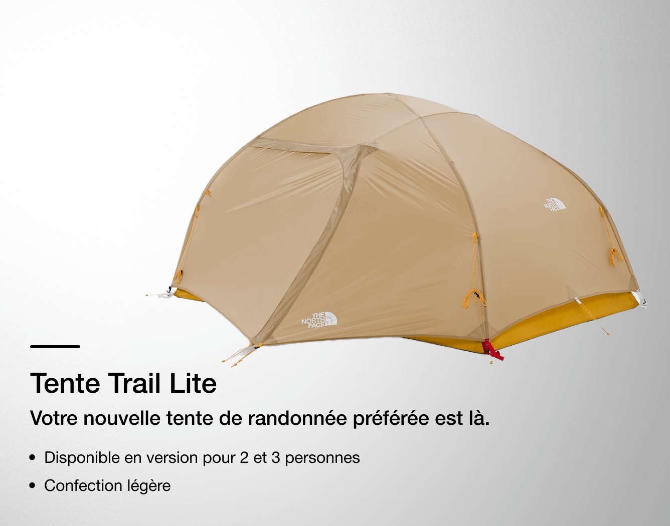 Image de la tente Trail Lite de The North Face avec les caractéristiques indiquées en surimpression. 