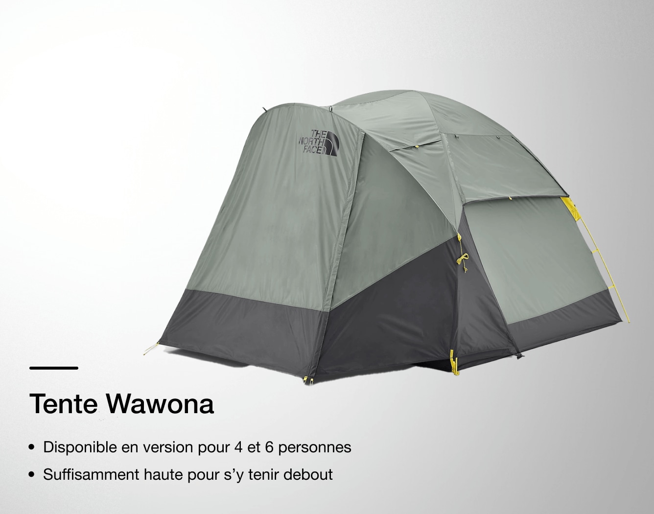Image de la tente Wawona de The North Face avec les caractéristiques indiquées en surimpression. 