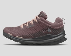 Purple and dark gray running shoe with salmon/pink laces.