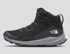 Black hiking boot with a gray sole.