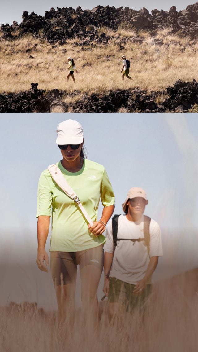 Split image of two distant hikers in a desert landscape, and a close-up of them hiking towards the camera. 
