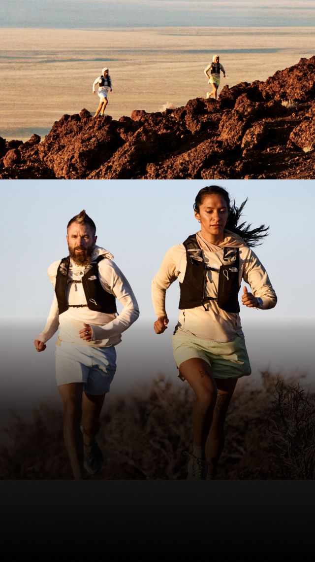 Split image of two distant trail runners on a rocky desert ridge, and a close-up of them running towards the camera.