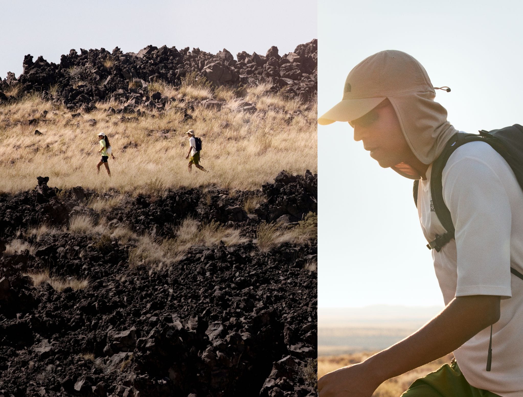Split image of two distant hikers in a desert landscape, and a close-up of a man hiking with sun glare behind him.  