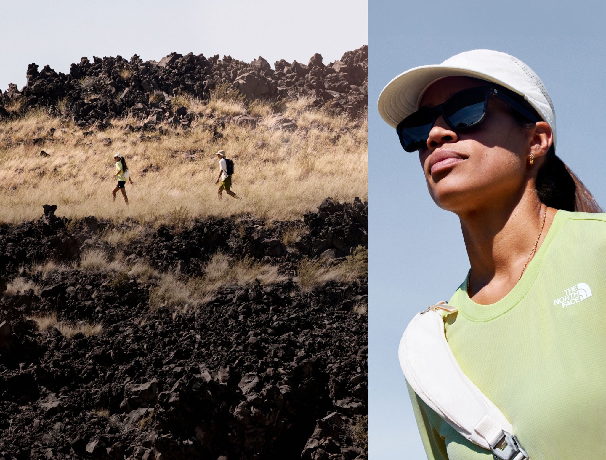  Split image of two distant hikers in a desert landscape, and a close-up of a woman hiking with blue sky in the background. 